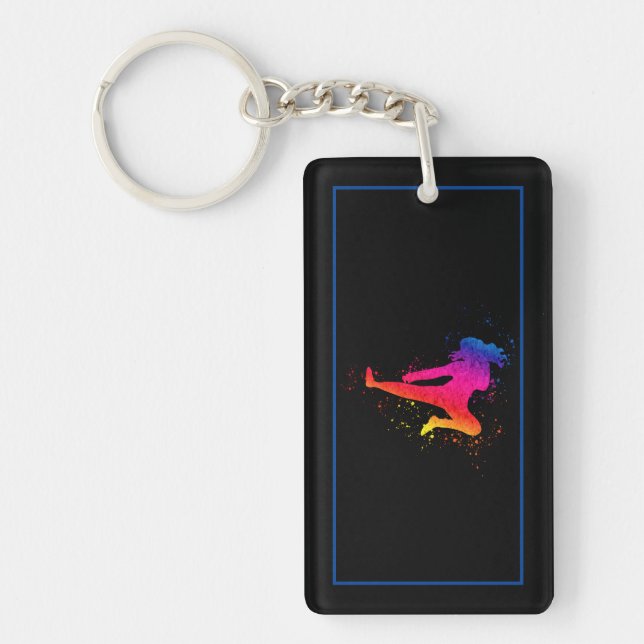 Female Martial Arts, High Kick, Paint Splash Key Ring (Front)