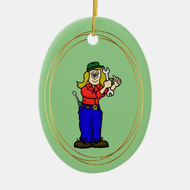 Female Mechanic Christmas Ornament with Name (Front)