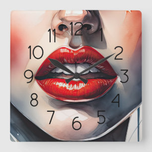 Female Mouth with Red Lips Square Wall Clock