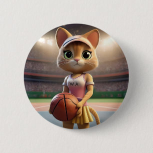 Female Netball Cat, 6 Cm Round Badge