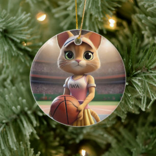Female Netball Cat, Ceramic Ornament
