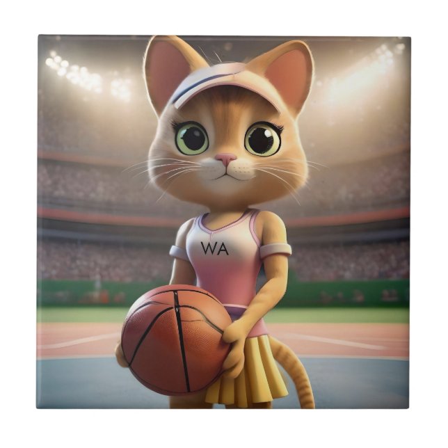 Female Netball Cat,  Ceramic Tile (Front)