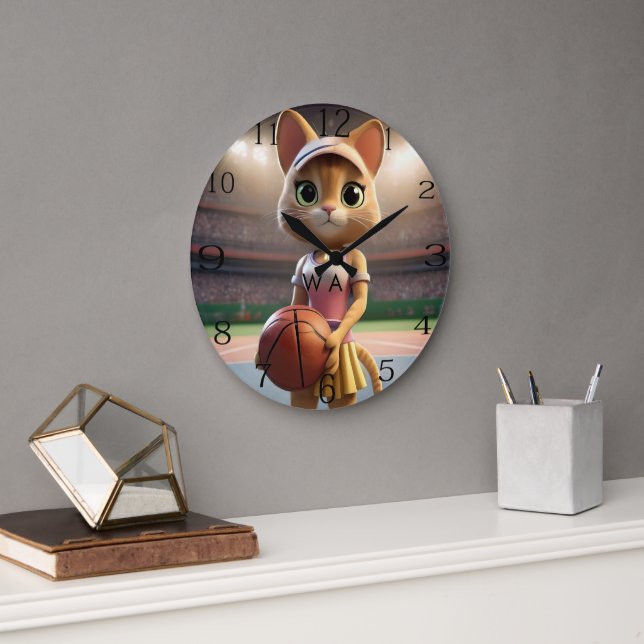 Female Netball Cat,  Large Clock (Office)