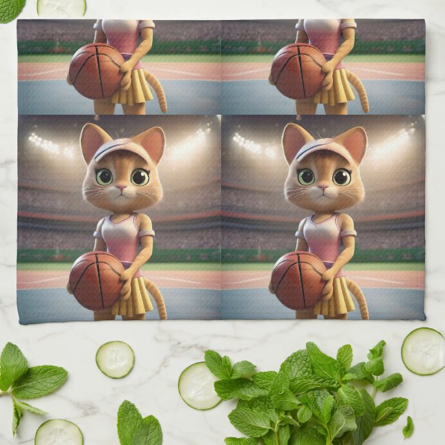 Female Netball Cat,  Tea Towel (Folded)