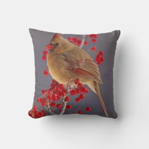 Female Northern Cardinal among hawthorn Cushion
