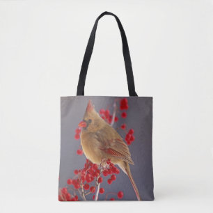 Female Northern Cardinal among hawthorn Tote Bag