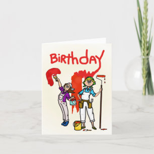 Female Painters with Red Paint Birthday Card