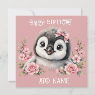 Female Penguin: Baby Animal Pastel bow & Flowers Card