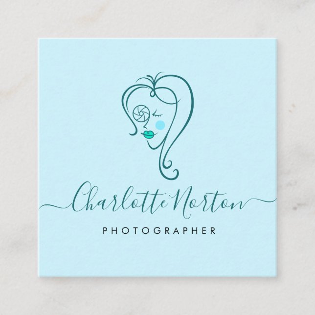Female Photographer Light Blue Square Business Card (Front)