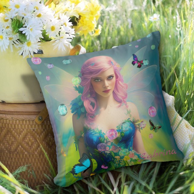 Female Pink Hair Fairy Portrait in Green Dress Cushion (Creator Uploaded)