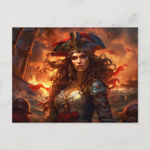 Female Pirate Before Burning Ship Fantasy Painting Postcard