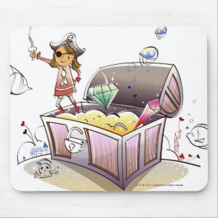 Female pirate standing on a treasure chest mouse pad
