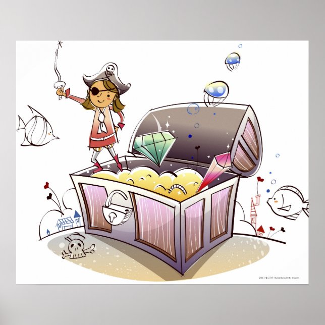 Female pirate standing on a treasure chest poster (Front)