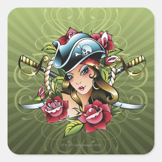 Female pirate with roses and swords square sticker (Front)