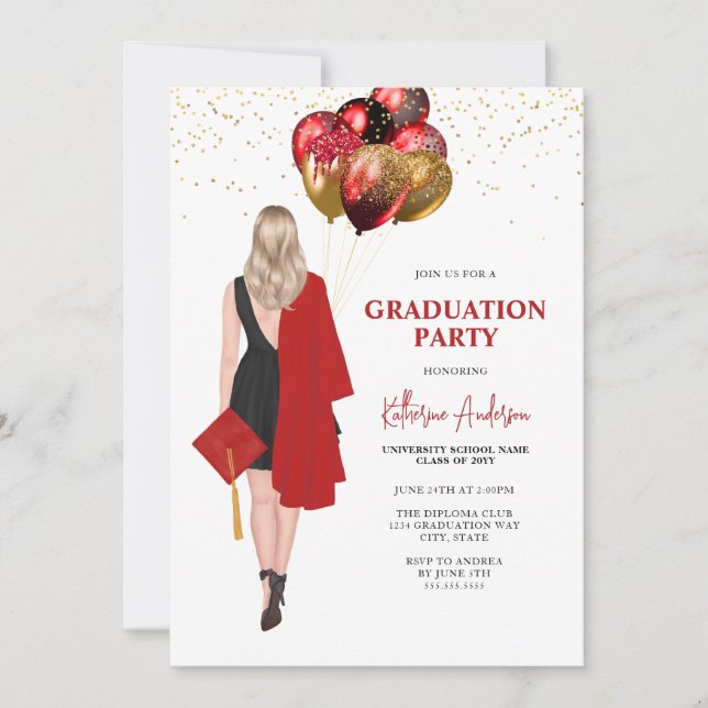 Female Red Graduation Party Invitation (Front)