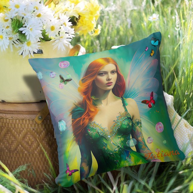 Female Red Hair Fairy Portrait in Green Dress Cushion (Creator Uploaded)