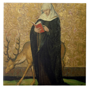 Female Saint with a Stag (oil on panel) Ceramic Tile