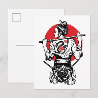 Female Samurai Dragon Rose – Japanese Warrior  Postcard