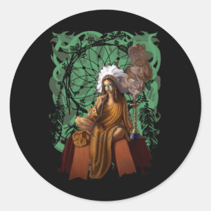 Female Shaman with Headdress Dream Catcher Classic Round Sticker
