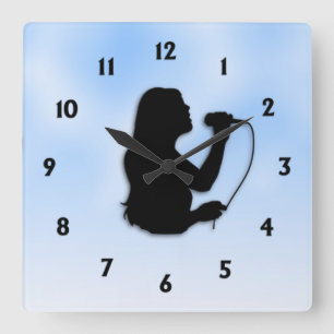 Female Singer Blue with Black Numbers Square Wall Clock