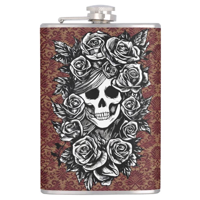 Female Skull Roses Day Of The Dead Art Hip Flask (Front)