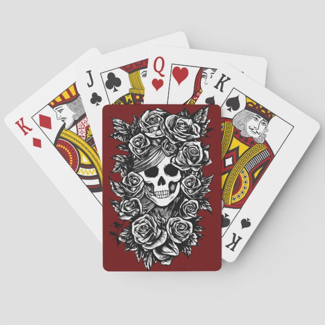 Female Skull Roses Goth Original ink drawing Art Playing Cards (Back)