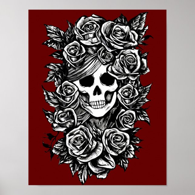 Female Skull Roses Goth Original ink drawing Art   Poster (Front)
