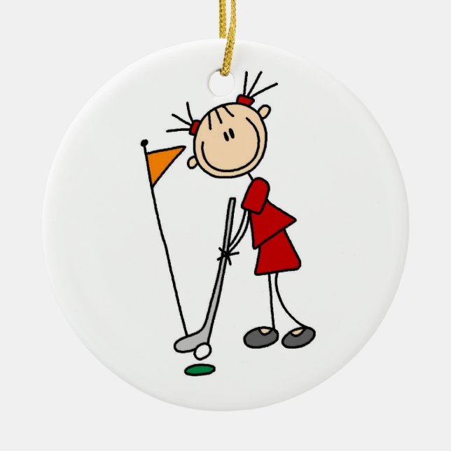 Female Stick Figure Golfer Ceramic Tree Decoration (Front)