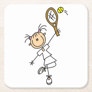 Female Stick Figure Tennis Player Square Paper Coaster
