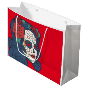 Female Sugar Skull Big Red Roses Large Gift Bag