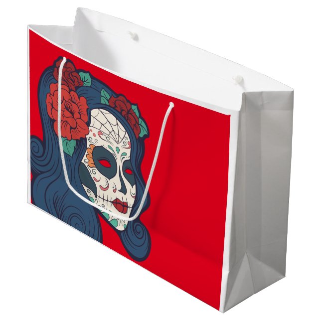 Female Sugar Skull Big Red Roses Large Gift Bag (Front Angled)