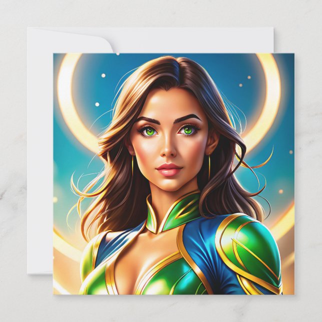 Female superhero portrait in emerald-and-gold armo (Front)