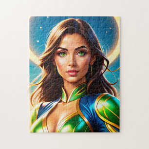 Female superhero portrait in emerald-and-gold armo jigsaw puzzle