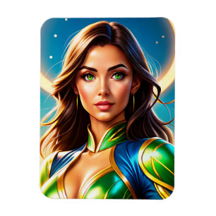 Female superhero portrait in emerald-and-gold armo magnet