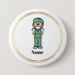 Female Surgeon in Scrubs Name Button