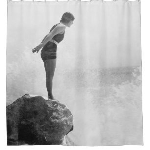 Female swimmer on rock above crashing surfvintage, shower curtain