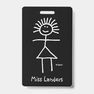 Female Teacher Chalk Stick Figure with Name Tag ID Badge