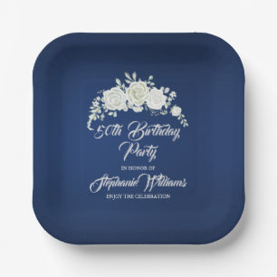 Female Vintage White Rose Border 50th Birthday Paper Plate