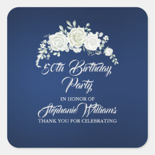 Female Vintage White Rose Border 50th Birthday Square Sticker