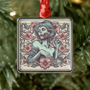 Female Zombie Art Nouveau with Flowers Pretty Metal Ornament