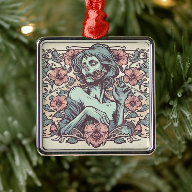 Female Zombie Art Nouveau with Flowers Pretty Metal Ornament (Tree)