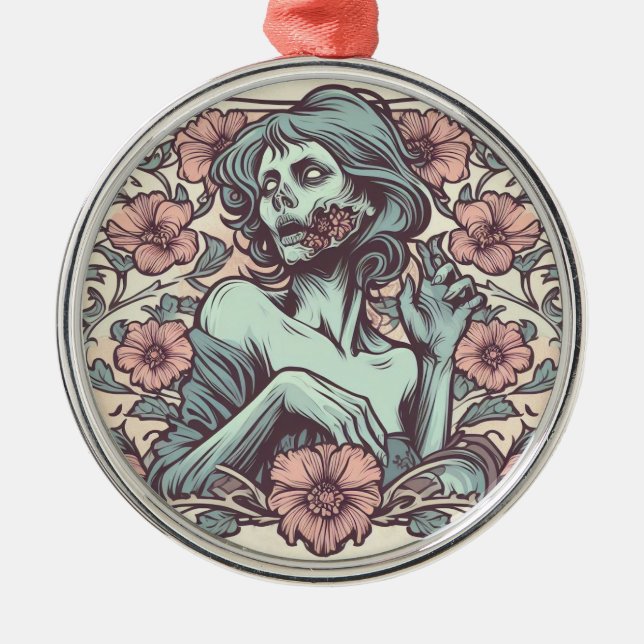Female Zombie Art Nouveau with Flowers Pretty Metal Ornament (Front)