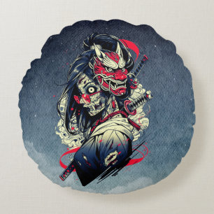 Female Zombie Samurai – Undead Warrior Art Round Cushion