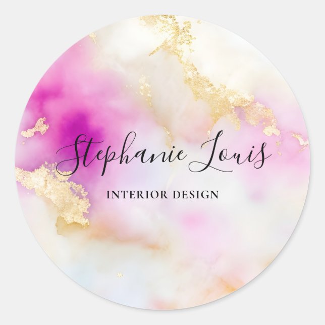 Feminine Abstract Watercolor Pink Gold Elegant  Classic Round Sticker (Front)