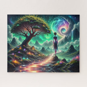Feminine Alien walks thru twinkling alien garden Jigsaw Puzzle