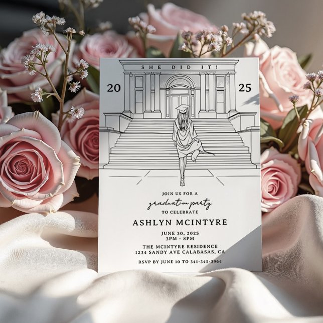 Feminine and Elegant Graduate Sketch Invitation (Feminine Graduation Invitation with sketch of beautiful girl walking up the steps of a university. )