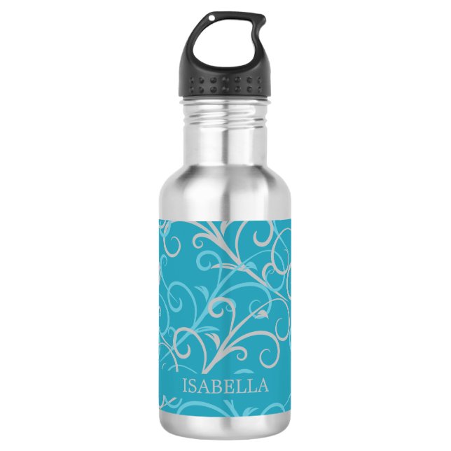 Feminine Aqua Blue Swirl Personalised  532 Ml Water Bottle (Front)