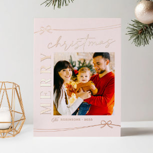 Feminine Baby Pink Minimal Christmas Photo Foil Holiday Card