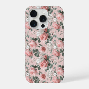 Feminine Baby Pink Rose White Floral Pattern iPhone 15 Pro Case
