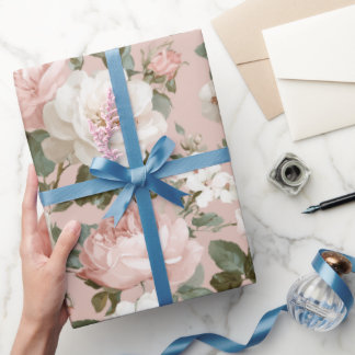 Feminine Baby Pink Rose White Floral Pattern Wrapping Paper